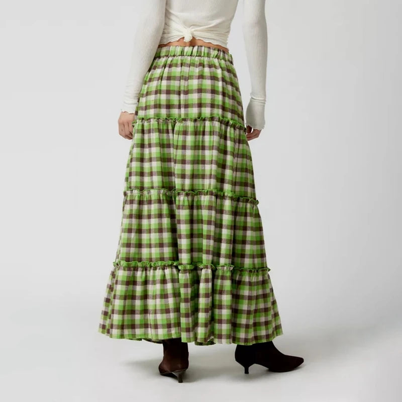LIZAKOSHT  -  Y2k Women Gingham Tiered Maxi Skirts A Line Ruffle Plaid Midi Skirt Summer Beach Casual Loose Flowy Long Skirt