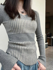 LIZAKOSHT  -   Vintage Elegant Striped V Neck Sweaters Fashion Slim Women Knitted Y2k Aesthetic Pullovers Korean All Match Grunge Sueter Mujer