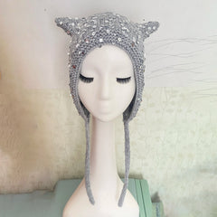 LIZAKOSHT  -  Y2K Sequin Devil Horn Knit Hat Women Winter Ear Flap Beanie Hat With Strap Gothic Cat Ear Warm Knitted Bonnet Streetwear