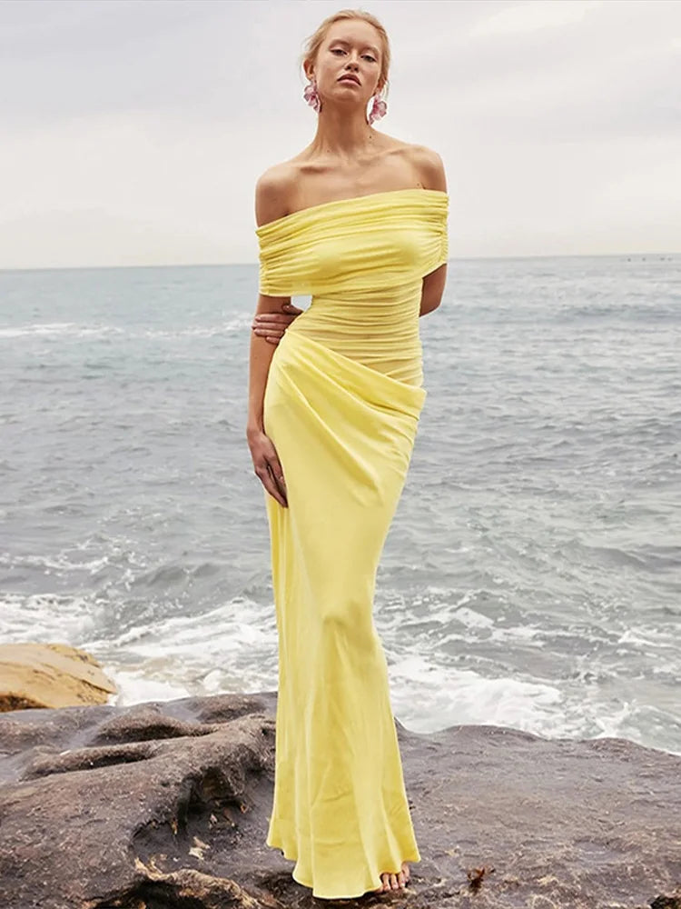 LIZAKOSHT  -  Elegant Sexy Long Dress Women Off Shoulder Hollow Out Sleeveless Patchwork Mesh Robe Female 2025 Spring Summer Chic Solid Robe