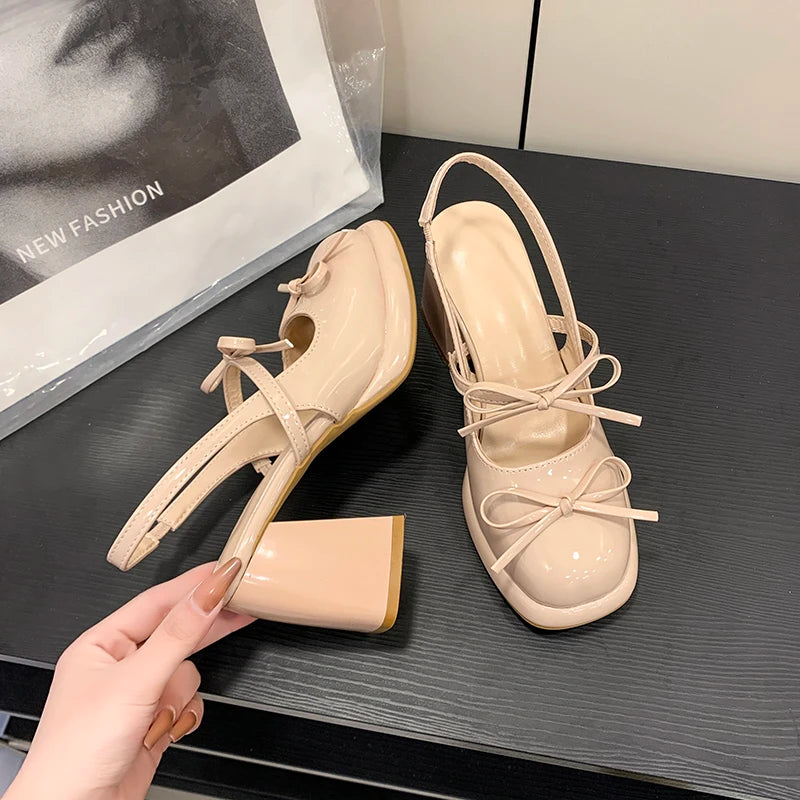 LIZAKOSHT  -  Sweet Butterfly-knot Women Sandals Fashion Cover Toe Thick Heel Mules Shoes Elegant Party Dress Female Slingbacks Sandalias