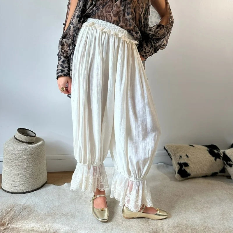 LIZAKOSHT  -  Coquette Aesthetic Bloomer Pants Women Sexy Lace Trim Ruffle Harem Pants Cute Balletcore Drawstring Loose Wide Leg Trousers