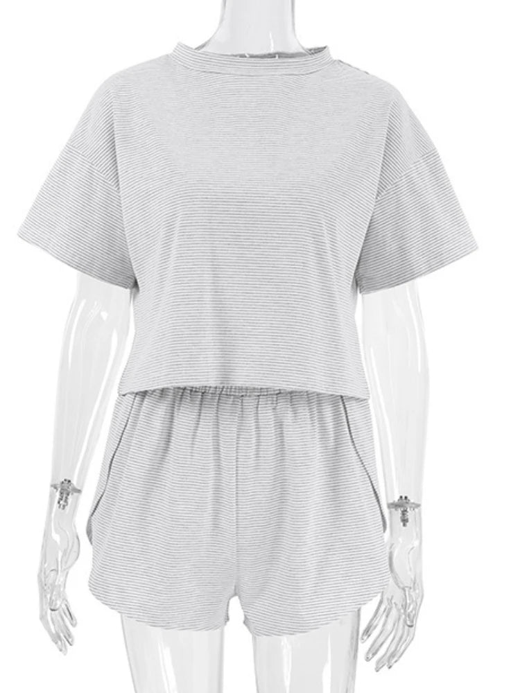 LIZAKOSHT  -  Two-piece Suit New in Fashionable Elegant Stripe O-neck Shorts Sleeve Tops High Waist Side Slit Commuting Women's Clothing