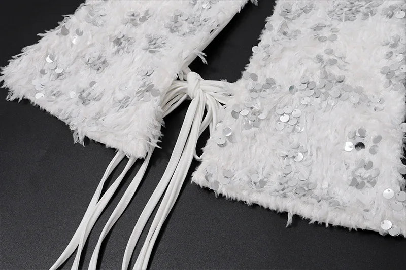 LIZAKOSHT  -  Hollow Out Lace Up Sequins Furry Bodyccon Mini Halter Dress Women Fashion Sexy Deep V Neck Sleeveless Backless Party Clubwear