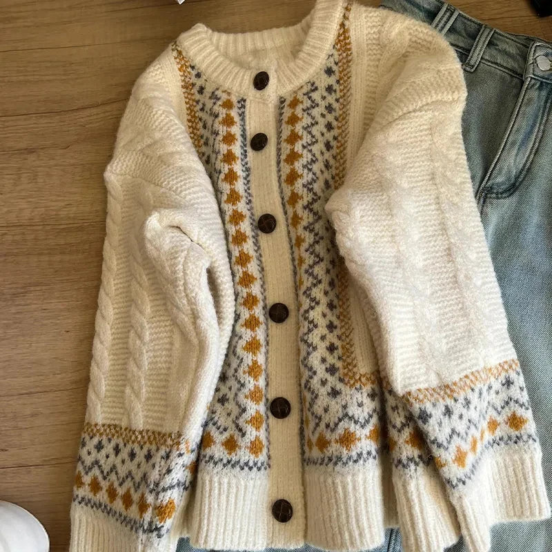 LIZAKOSHT  -  Vintage Jacquard Knit Cardigan Women Loose Casual Lazy Wind Print Button Pullovers Korean Long Sleeve Baggy Aesthetic Outwear