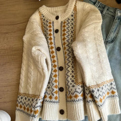 LIZAKOSHT  -  Vintage Jacquard Knit Cardigan Women Loose Casual Lazy Wind Print Button Pullovers Korean Long Sleeve Baggy Aesthetic Outwear