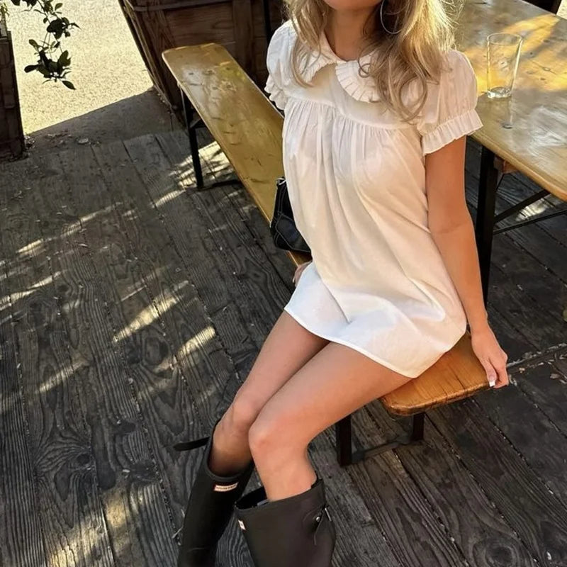 LIZAKOSHT  -  Women Y2k Fairy Babydoll Short Dress Doll Collar Bubble Puff Sleeve Cute Mini Dress Teen Girl Preppy Sundress Beachwear