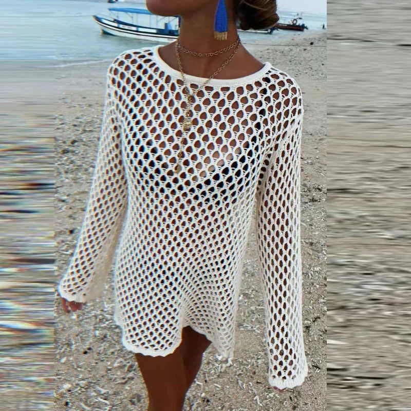 LIZAKOSHT  -  Seaside Hollow Out One Piece Vacation Covers Summer Solid knitted  Fish Mesh Pullover Tops 2025 Long Sleeve White Full Dresses