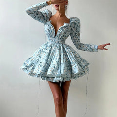 LIZAKOSHT  -  Floral Print Dress For Women Autumn Sexy Deep V Nekc Bandage Long Sleeve Short Dresses Lace Up Elegant Ruffle Dress 2025