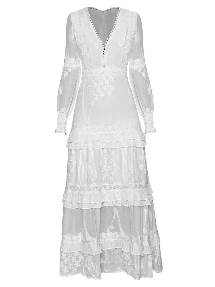 LIZAKOSHT  -  Vintage Long Sleeve Party Dress for Women Casual Deep V Floral Embroidery Boho Dresses Summer Casual Lace Vestidos