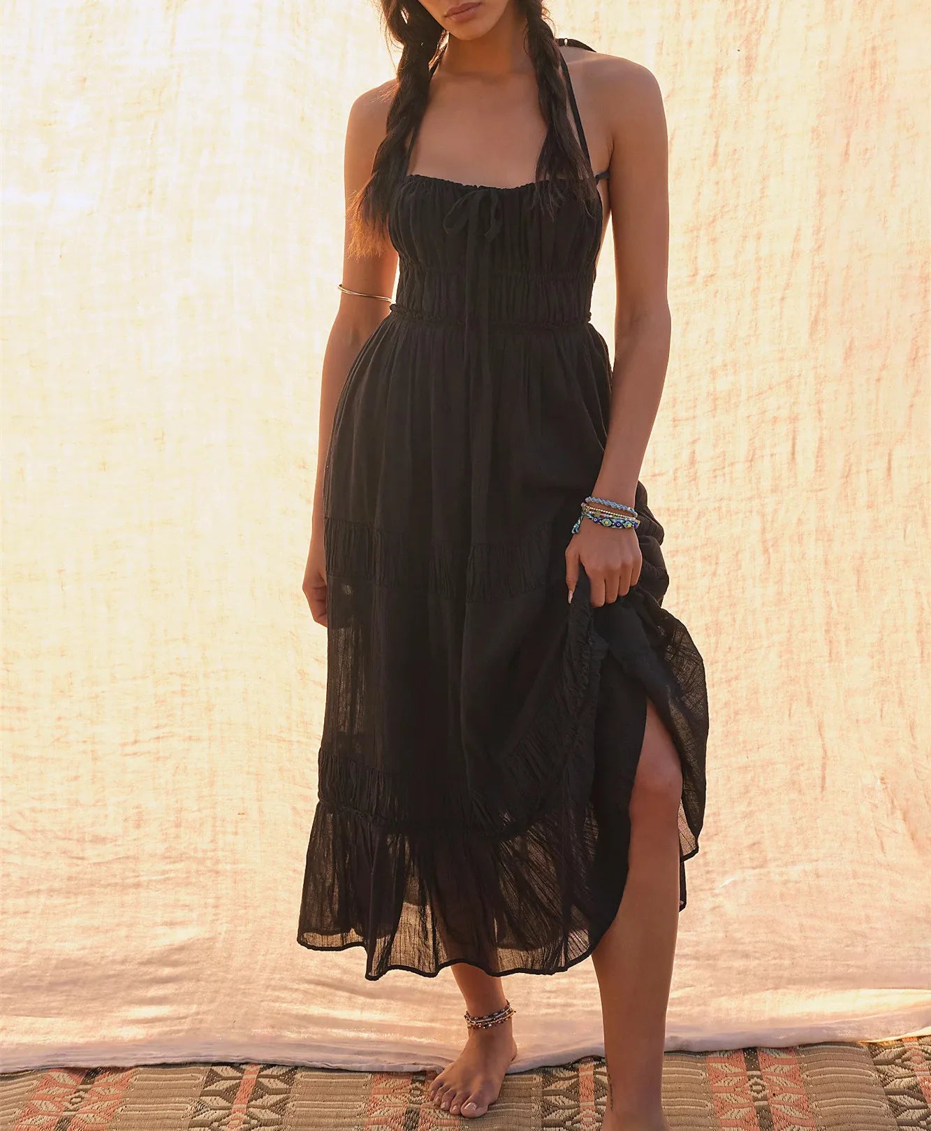 LIZAKOSHT  -  Boho Women Cut Out Backless Maxi Dress Bodycon Long Flowy Dresses Summer Spaghetti Strap Low Cut Cami Dress Clubwear