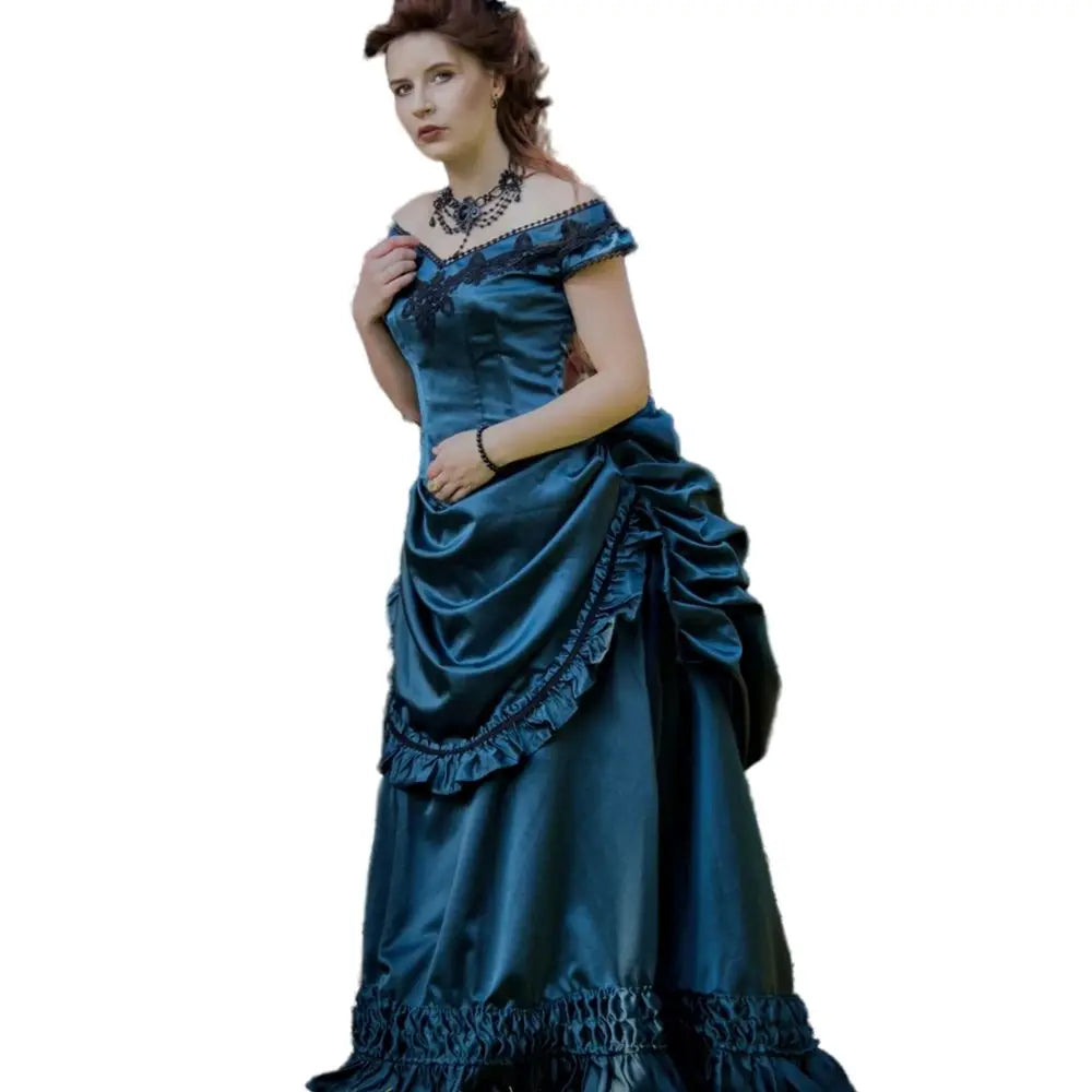 LIZAKOSHT  -  Teal Blue Vintage Victorian Bustle Evening Dresses Retro Off Shoulder Lace-up Corset Gothic Ruffles Pleats 1820S Prom Gown