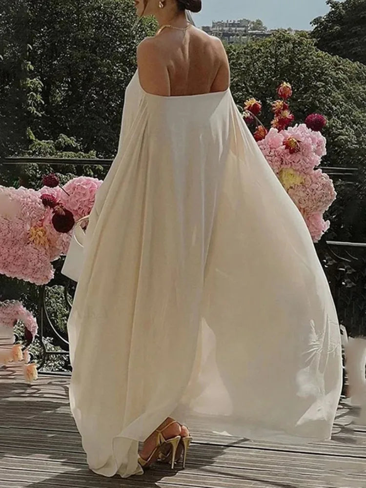 LIZAKOSHT  -  Women's Elegant Ruffled Dress Halter-neck Flared Sleeves Party Dresses Solid Color Big Swing Pleated Evening Gowns