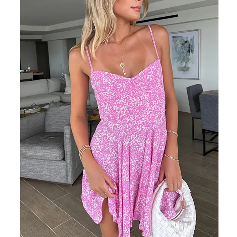 LIZAKOSHT  -  Corset Dress For Women Summer Seaside Vacation Beach Style Clothing Fashion Printing Mini Dress Sexy Backless Suspender Skirt