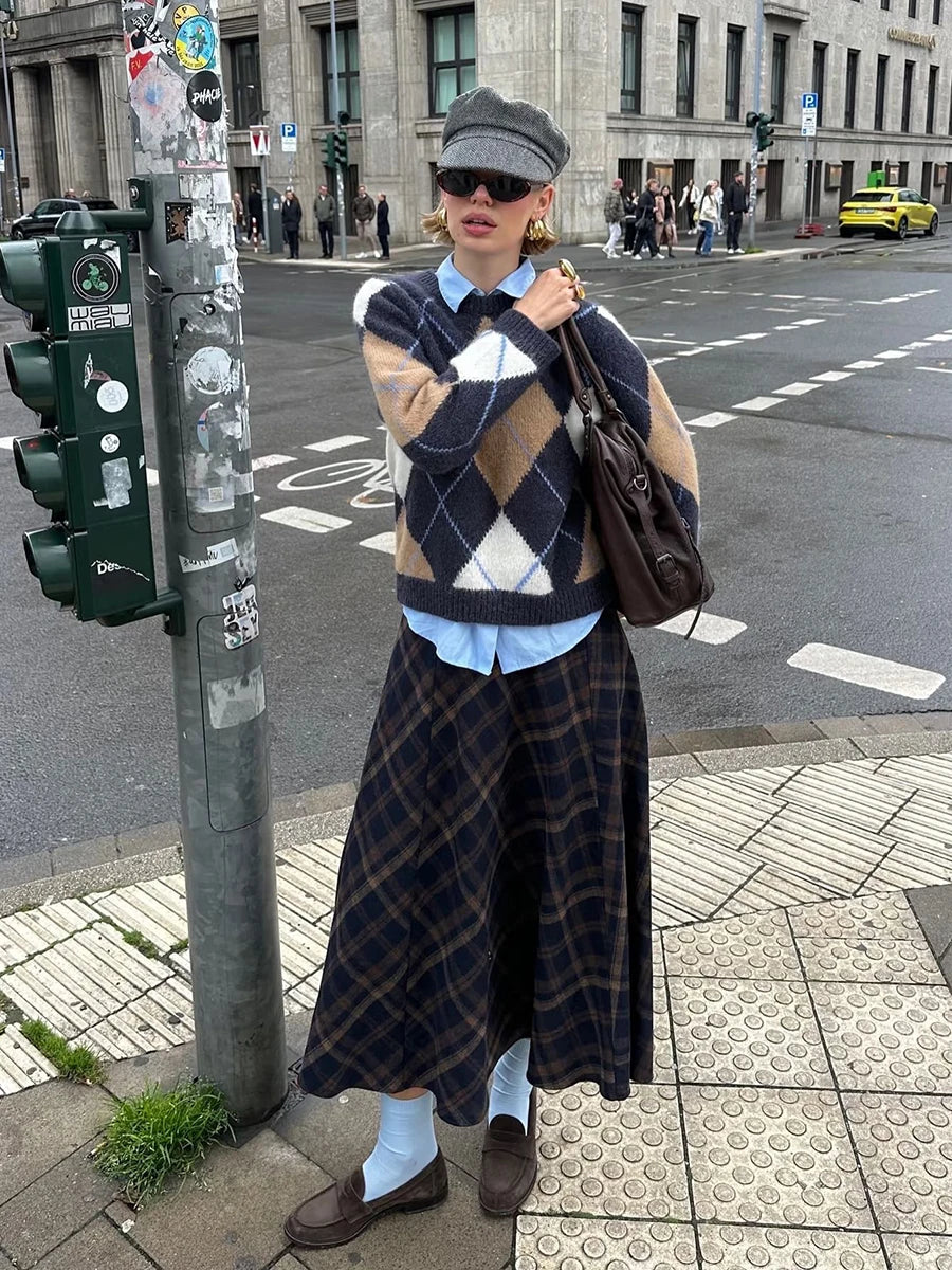 LIZAKOSHT  -  Navy Sweaters Woman Autumn Round Neck Long Sleeve Short Pullover Top Female Vintage Streetwear Preppy Style Jumpers New