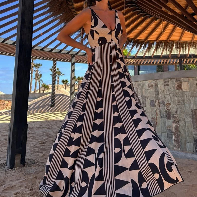 LIZAKOSHT  -  Summer Deep V Neck Aesthetic Printing Backless Sleeveless A-line Maxi Dresses Vacation Holiday Party Vestidos 2025