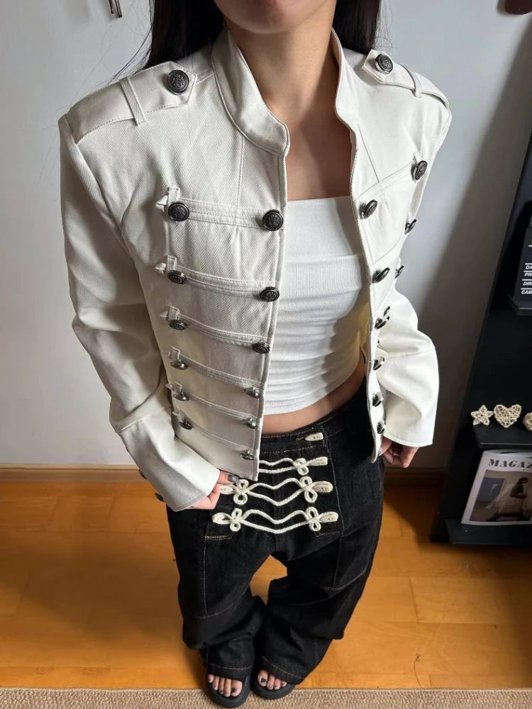 LIZAKOSHT  -   Retro Palace Style White Short Jacket Women Y2k Stand Collar Metal Button Row Petite Slim Fit Jacket Streetwear Casual Coat 2027