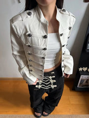 LIZAKOSHT  -   Retro Palace Style White Short Jacket Women Y2k Stand Collar Metal Button Row Petite Slim Fit Jacket Streetwear Casual Coat 2027