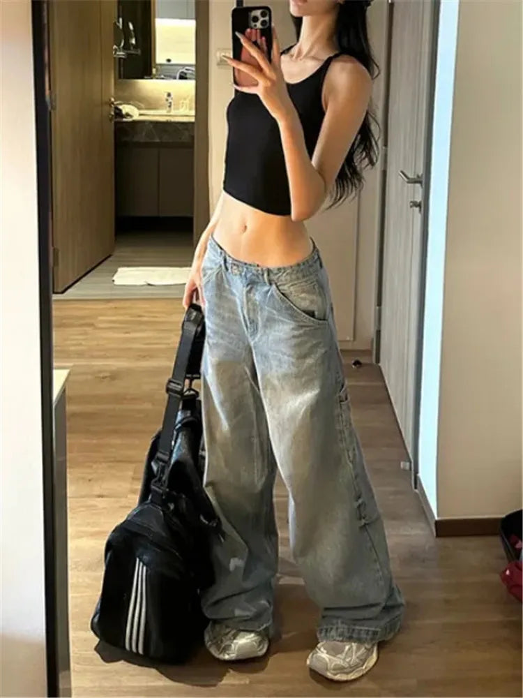 LIZAKOSHT  -  Casual Straight Leg High Waist Jeans Loose Fashion Wide Leg Denim Trousers New Women Y2k Clothing Street Vintage Denim Pant