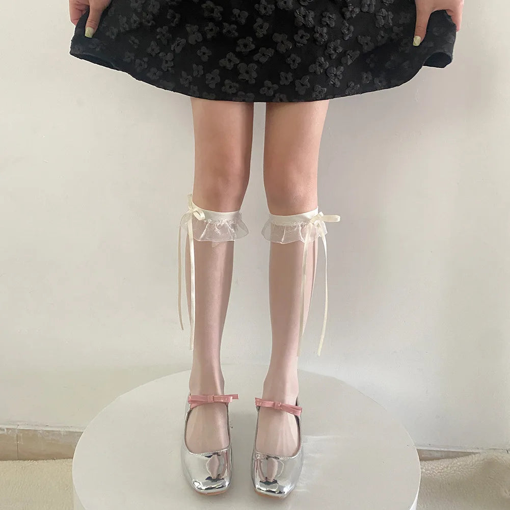 LIZAKOSHT Summer Ultra-thin Transparent Nylon Long Socks Stockings JK Lolita Lace Ruffles Knee Socks Japanese Style Ribbon Bow Stockings
