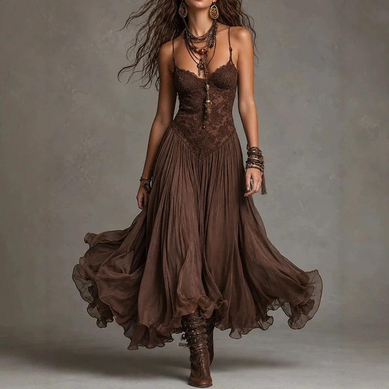LIZAKOSHT  -  Sexy Straps Backless Irregular Dress Elegant Lace Splice Sleeveless Slim A-Line Dress Retro Solid Off Shoulder High Waist Dress