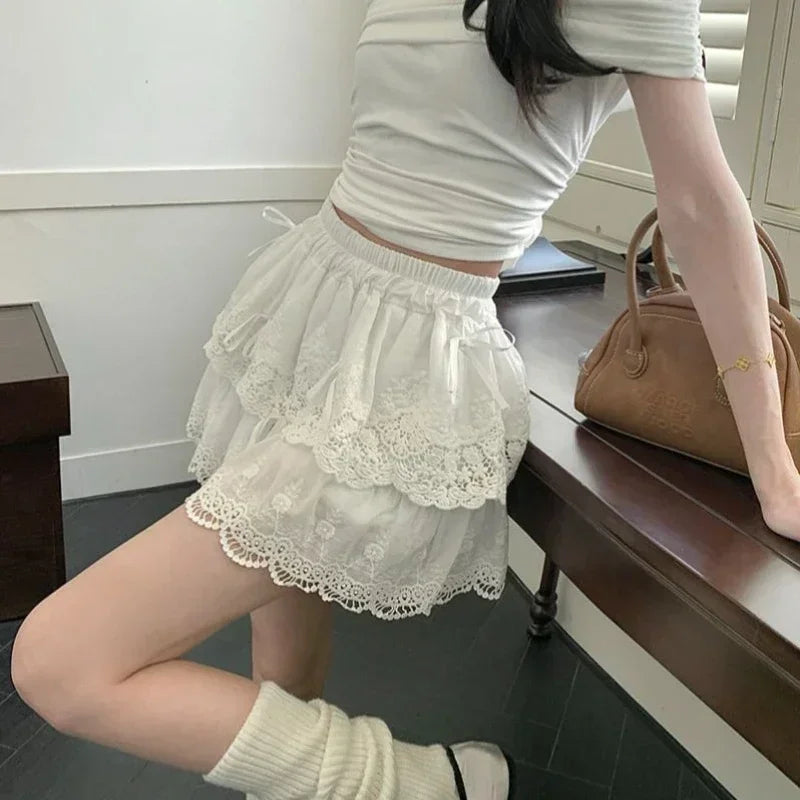 LIZAKOSHT  -  Coquette Lace Mini Skirt Women White Sweet Bow Kawaii Ruffle Skirts Patchwork Layered Cute A-line Short Skirt Aesthetics