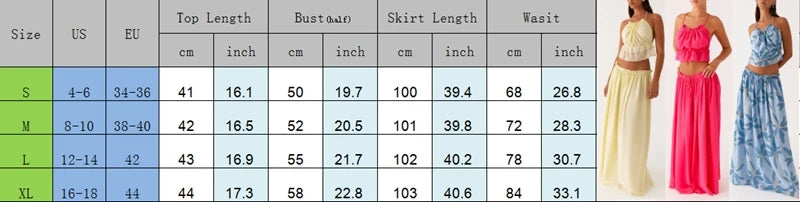 LIZAKOSHT  -  Women 2 Piece Set Summer Outfits Elegant Ladies Sleeveless Tie Front Camis Backless Crop Tops + Long Skirt Beachwear