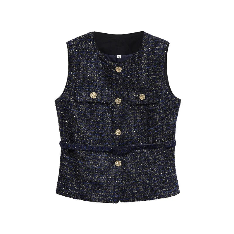 LIZAKOSHT  -  Autumn Belt Sleeveless Vest Shirt Women O Neck Patchwork Gold Button Cardigan Tops 2025 Street Elegant Casual Tank Top