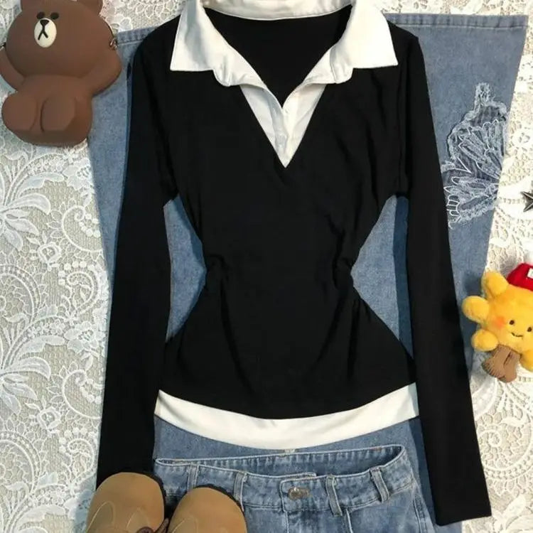 LIZAKOSHT  -  Causal Fake Two Woman Tshirts Ropa Mujer Patchwork Long Sleeve Slim Waist Base Shirt Women Clothing Harajuku Fashion Tops