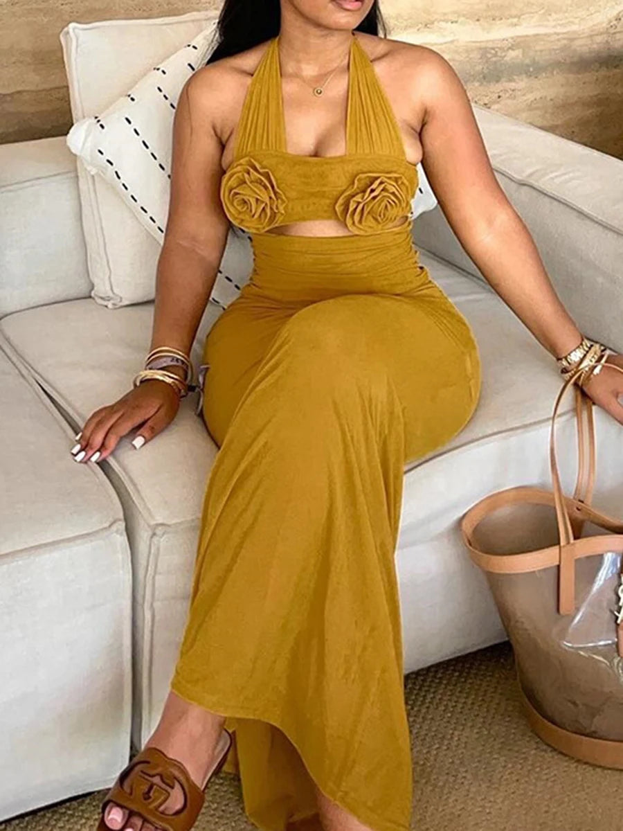 LIZAKOSHT  -  Solid Spliced Appliques Slimming Backless Dresses for Women Halter Sleeveless High Waist Temperament Dress Female Fashion