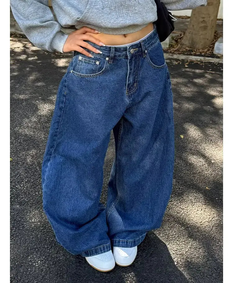 LIZAKOSHT  -  Washed American Style Wide Leg Jeans High Waist Straight Cut Commute Elegant High Quality Cotton Polyester Blend No Stretch