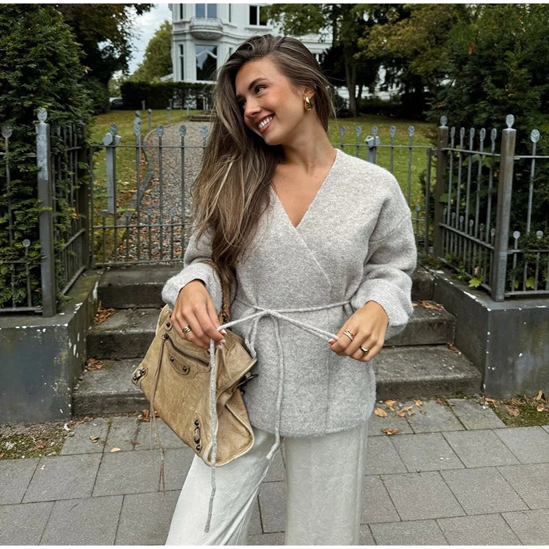 LIZAKOSHT  -  Casual Knit Cardigan Women Loose V Neck Long Sleeves Lace Up Sweater Coats Female 2025 Autumn Winter Solid Soft Chic Knitwears