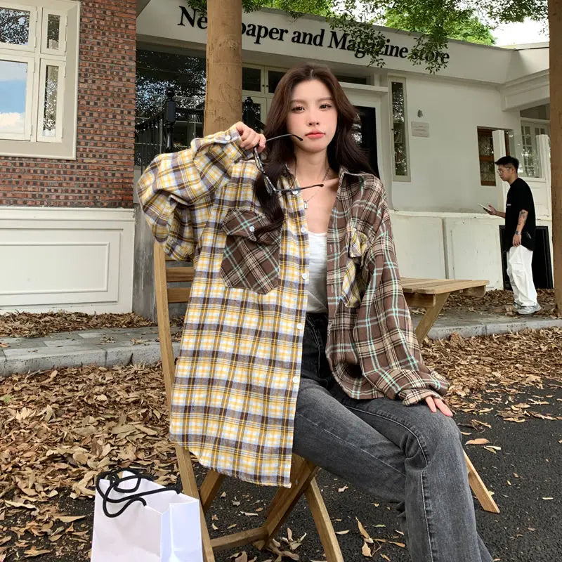 LIZAKOSHT  -  Vintage Plaid Patchwork Shirt Spring Autumn Women's New High Street Versatile Cardigan Fashion Loose Y2K Top