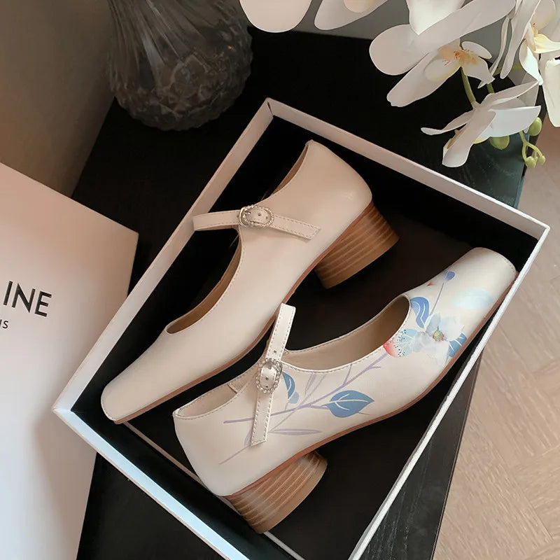 LIZAKOSHT  -  Fashion Pumps New High Quality Genuine Leather Square Head Color Painting Mary Janes Shoes Daily Commuter Light Shoes