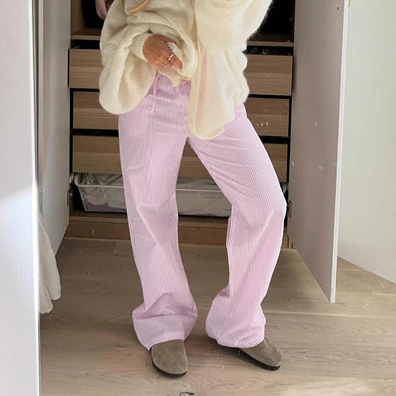 LIZAKOSHT  -  Streetwear Striped Print Loose Trousers Lace-up Joggers Fashion Y2K Baggy Pants Basic Aesthetic 90s Cute Bottoms