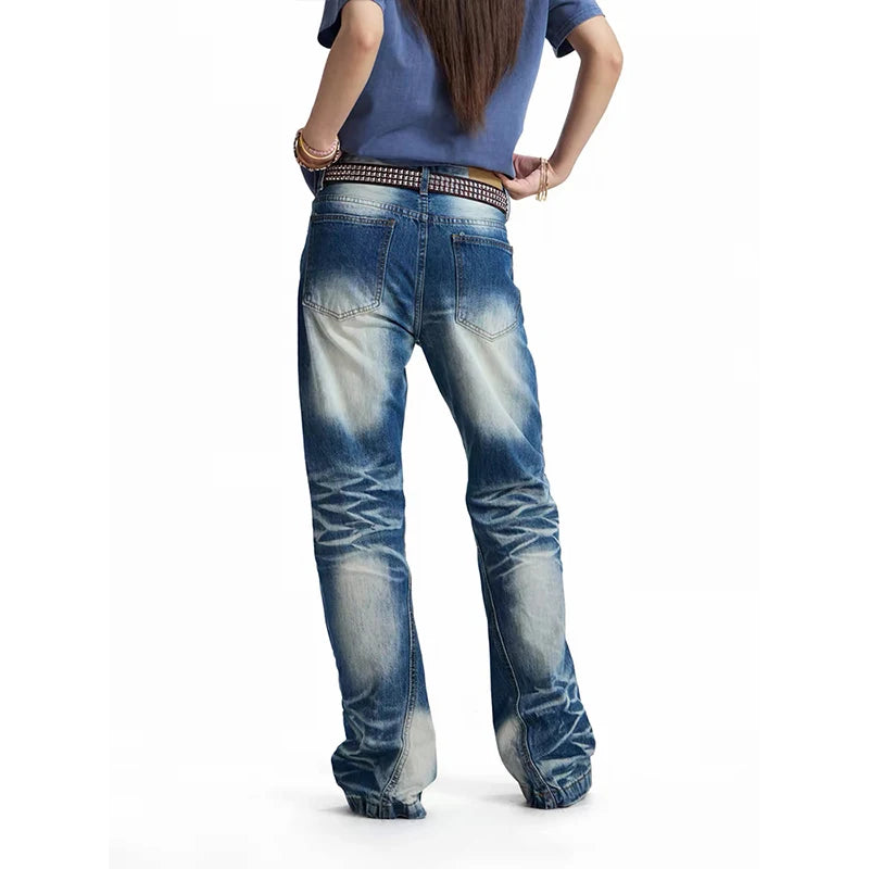 LIZAKOSHT  -  American Vintage Distressed Rivet Patchwork Flare Jeans Women Streetwear Bodycon Full-Length Y2k Retro Denim Pants