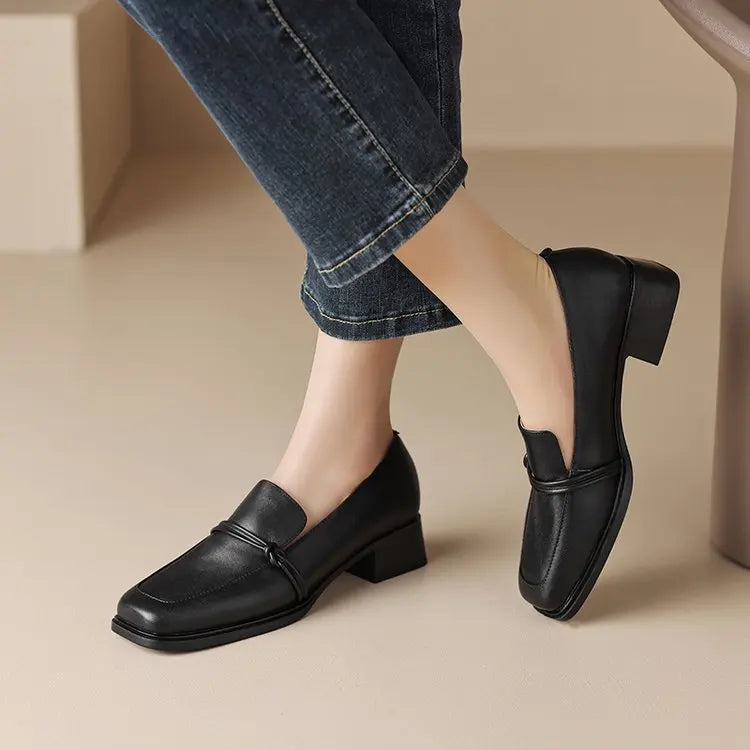 LIZAKOSHT  -  Women's Shoes French Style Square Head Mid Heel Classic Loafers Women Square Toe Pumps Slip-on Retro Lady Casual Cozy Shoes