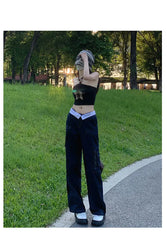 LIZAKOSHT  -  Cargo Pants Flange Multiple Pockets High Waist Women Straight Baggy Pants Fashion Cotton Wide Leg Trousers Casual Streetwear