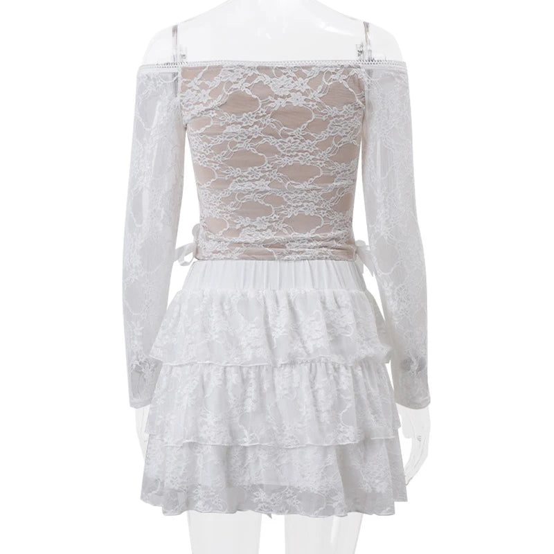 LIZAKOSHT  -  Lolita 2 Piece Set Fairy Cute Bow Lace Off Shoulder Crop Tops T-shirt + Multi-layers Pleated Mini Skirt Y2K Kawaii Retro Outfits