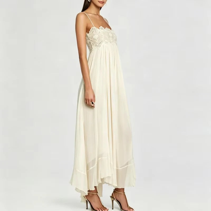 LIZAKOSHT  -  Sexy Off Shoulder Silk Suspender Dress Elegant Lace Embroidery Splice Party Dress Lady Fashion Sleeveless Pleat Solid Long Dress