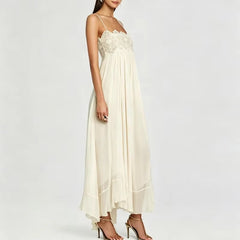 LIZAKOSHT  -  Sexy Off Shoulder Silk Suspender Dress Elegant Lace Embroidery Splice Party Dress Lady Fashion Sleeveless Pleat Solid Long Dress