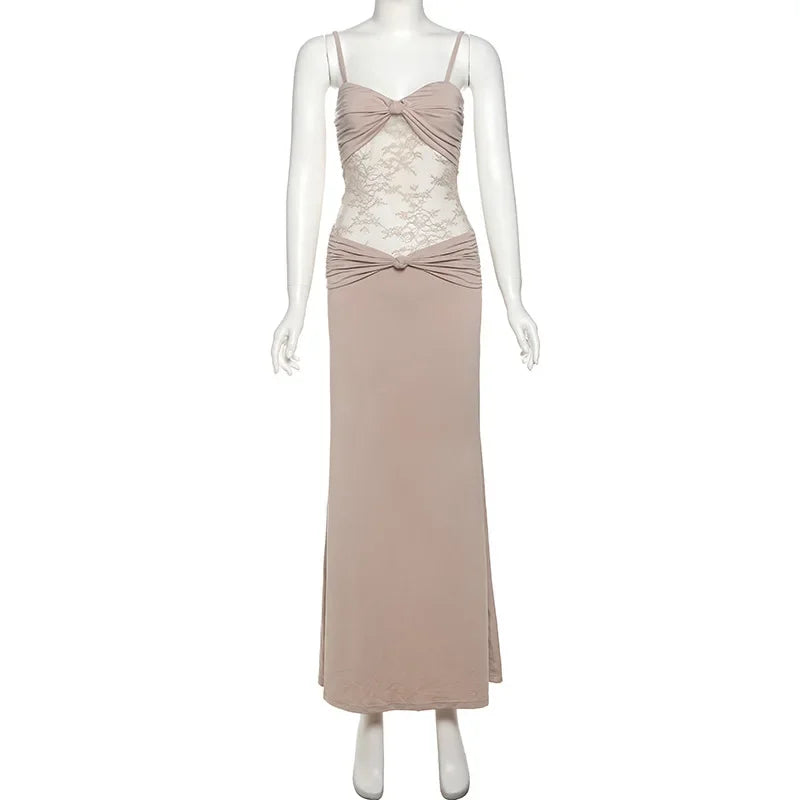 LIZAKOSHT  -  Women Sexy Sheer Lace Mesh Patchwork Knot Camisole Bodycon Maxi Party Dress Ruched Spaghetti Straps Backless Clubwear Long Robe