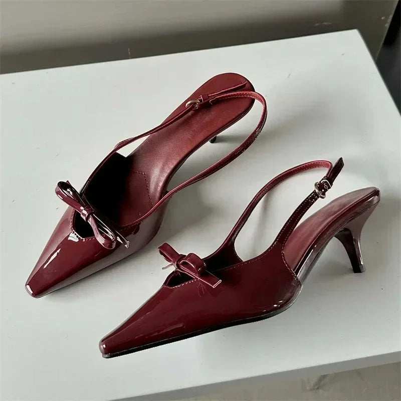 LIZAKOSHT  -  Patent Leather Bow Sandals Women Pumps Pointed Toe Low Heel Slingback Shoe Ladies Shallow Fashion Elegant High Heels Dress Shoes