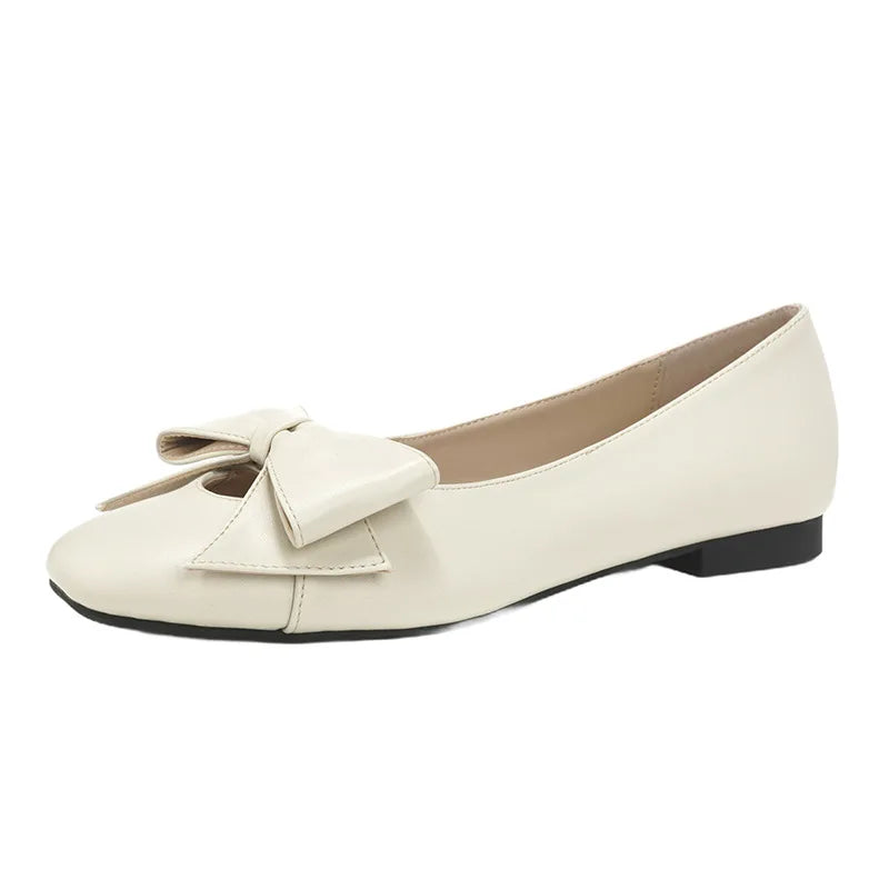 LIZAKOSHT  -  bowknot flat loafers women square toe cutout leather mary janes shoes woman 34-42 big size bowtie flats working mocasines women