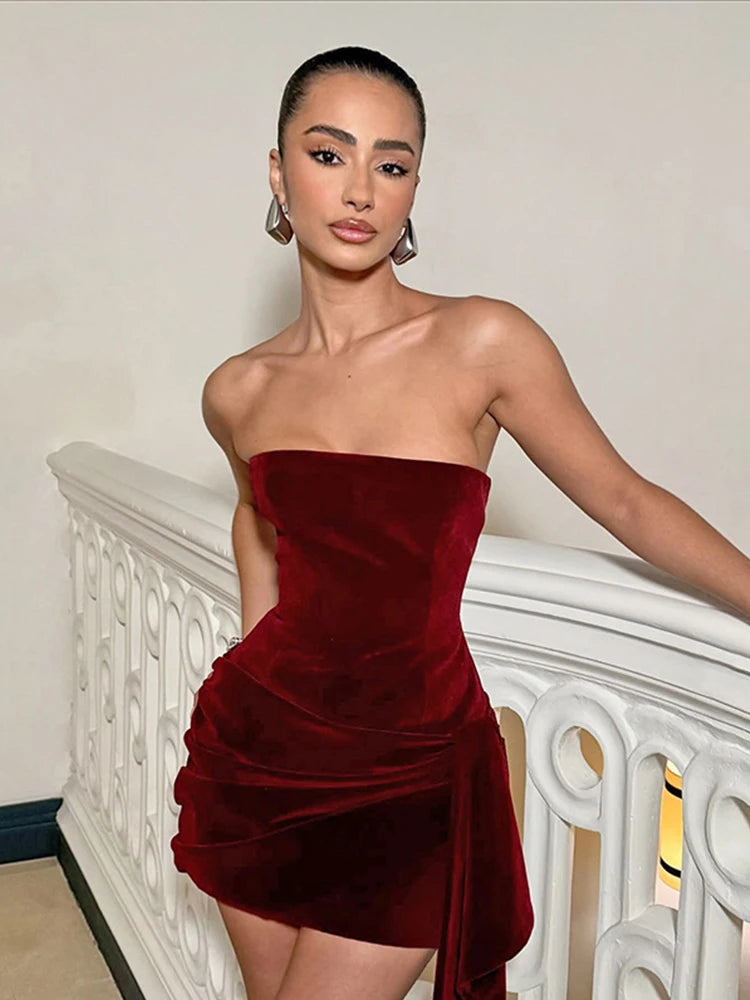 LIZAKOSHT  -  Solid Velvet Strapless Ruched Mini Dress Women Sleeveless Asymmetric Style Dresses Autumn Winter Female Evening Parties Vestidos