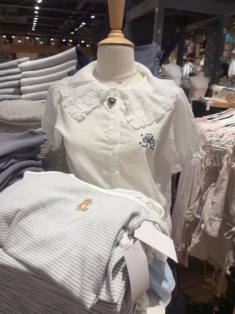 LIZAKOSHT  -  New Cat With Bow Embroidery Tshirt Woman Lace Trim Turn Down Collar Single Brested Shirts White Cotton Cute Puff Sleeve Tee Tops
