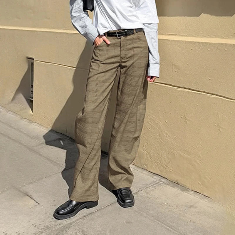 LIZAKOSHT  -  Retro Fashion Street Trousers For Women 2026 Plaid Printing High Waisted Loose Fit Curved Shaped Pants Casual Commuter Wear