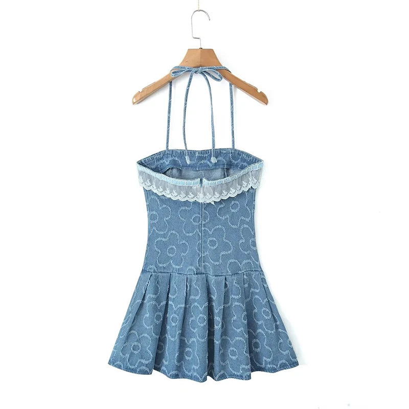 LIZAKOSHT  -  Summer 2024 Elegant White Lace Patchwork Denim Women's Dress Sexy Halter Strapless Hem Pleated Mini  Dress