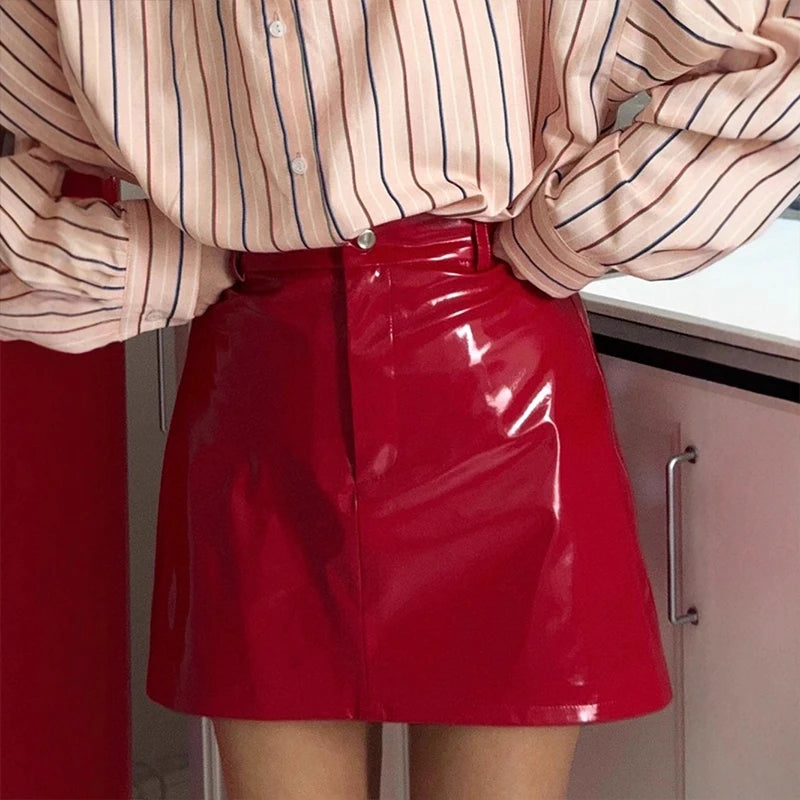 LIZAKOSHT  -  Women Y2k Red Bright Faux Pu Leather High Waist Button Mini Skirts Elegant Fashion Slim Fit Party Evening All-match Skirts