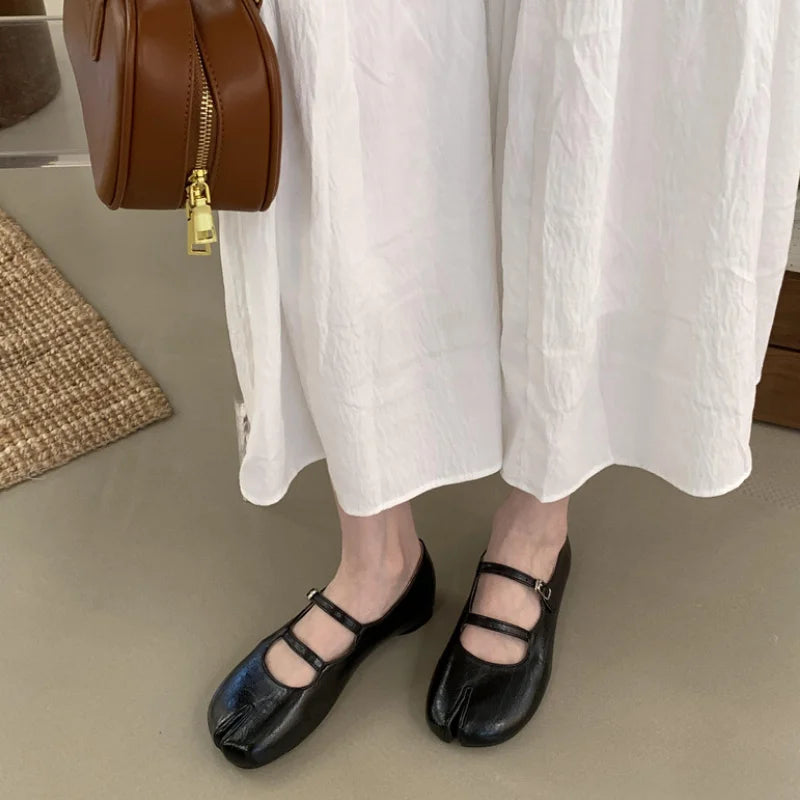 LIZAKOSHT  -  Spring New Tabi Ninja Shoes Women Round Spilt Toe Shallow Buckle Ballet Shoes Fashion Eelgant Low Heels Mary Jane Single Shoes